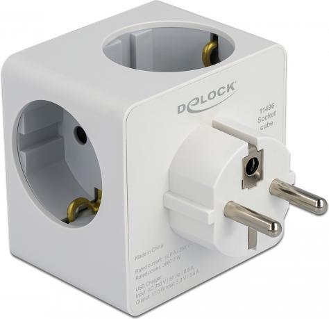 Actual product image Delock Socket cube 3-fold with child safety lock and USB charger white (3x, CEE 7/3, USB-A, USB-C)