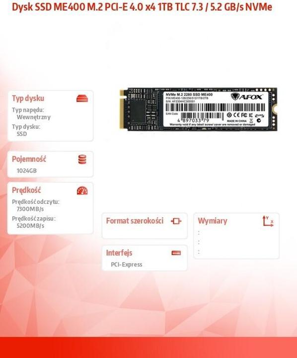 Actual product image AFOX ME400 SSD M.2 PCI-E 4.0 X4 1TB TLC 7.3 / 5.2 (1020 GB, M.2 2280)