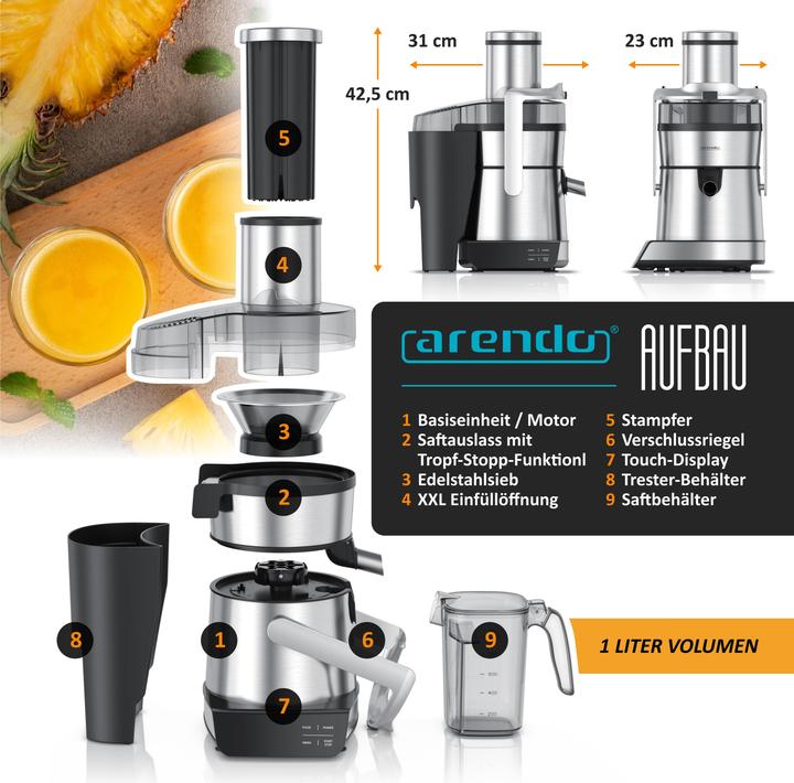Actual product image Arendo Zentrifugalentsafter,1000W, Edelstahl, XXL-Einfüllschacht, Programme, BPA-frei, Display, Tropfstopp