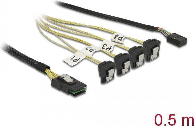 Actual product image Delock Cable Mini SAS SFF-8087 > 4 x SATA 7 Pin angled + Sideband 0.5 m (50 cm, SATA)
