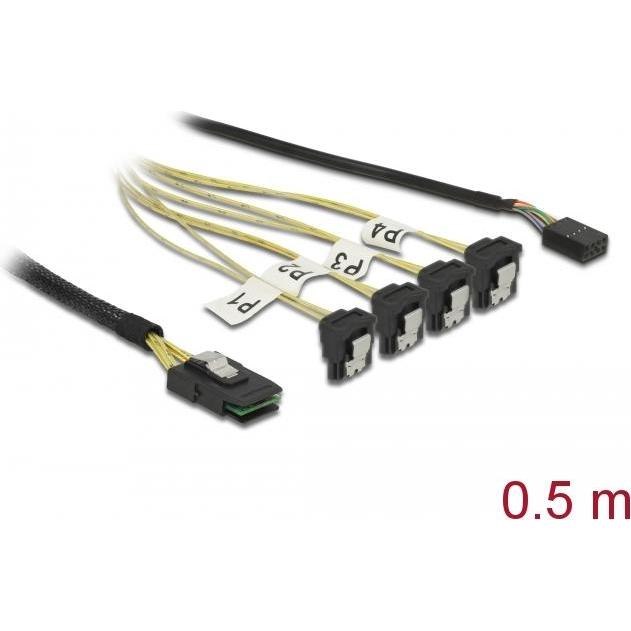 Delock Kabel Mini SAS SFF-8087 > 4 x SATA 7 Pin gewinkelt + Sideband 0,5 m, Interne Kabel (PC)