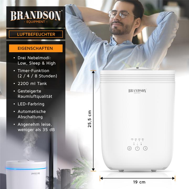 Produktbild Brandson Luftbefeuchter Aroma Diffuser 2,2L, RGB Stimmungslicht, 3 Nebelstufen, leise, Fernbedienung, Timer