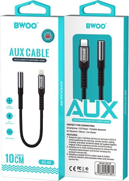 Actual product image Bwoo audio adapter cable BZ48 aux 3,5 mm to lightning black (Jack adapter)