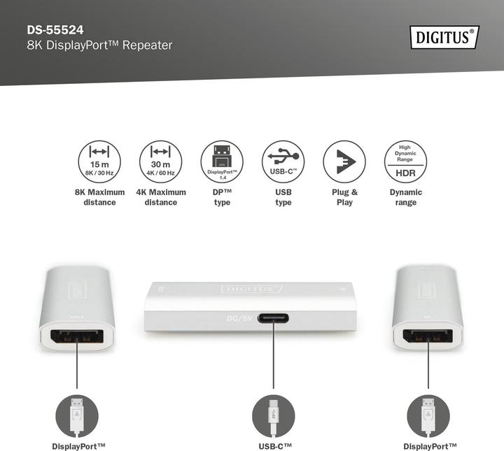 Produktbild Digitus 8K DisplayPort Repeater (Micro USB, 2.30 cm)