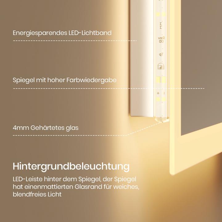 Produktbild Emke Badspiegel mit Beleuchtung 70*50cm, Warmweiss3000K, Dimmbar, Wand Schalter (70 x 50 cm)