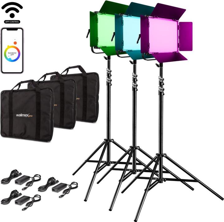 Immagine prodotto Walimex pro pro 23068 LED Rainbow 100W RGBW Set 3 (3x Rainbow 100W, 3x supporto lampada GN-806) (Apparecchio di illuminazione a superficie, Videocamera)