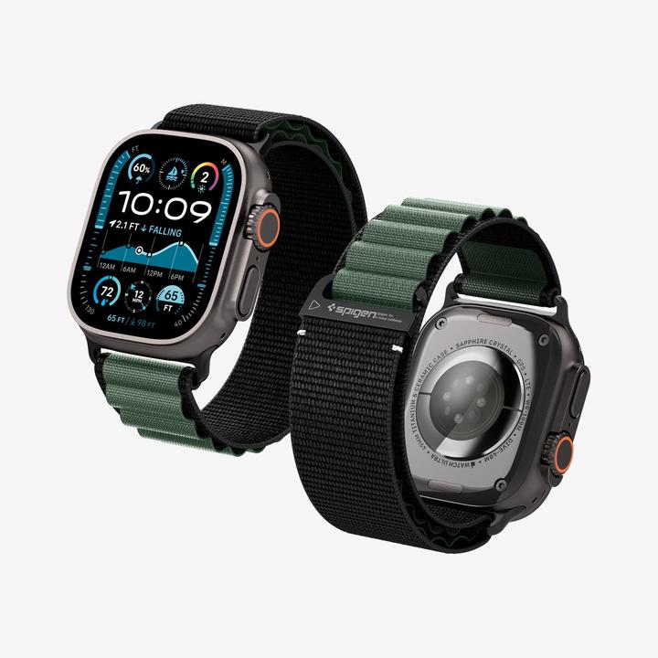 Produktbild Spigen Armband WBF1 Armband für Apple Watch 44 / 45 / 46 / 49 mm - Schwarz und Grün (49 mm, Nylon)