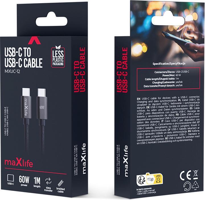 Produktbild Maxlife MXUC-12 cable USB-C - USB-C 1,0 m 60W black (1 m, 60 W)