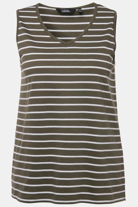 Actual product image Ulla Popken 2 Pack of V-Neck Cotton Knit Tanks - Stripe, Solid (46, 48)