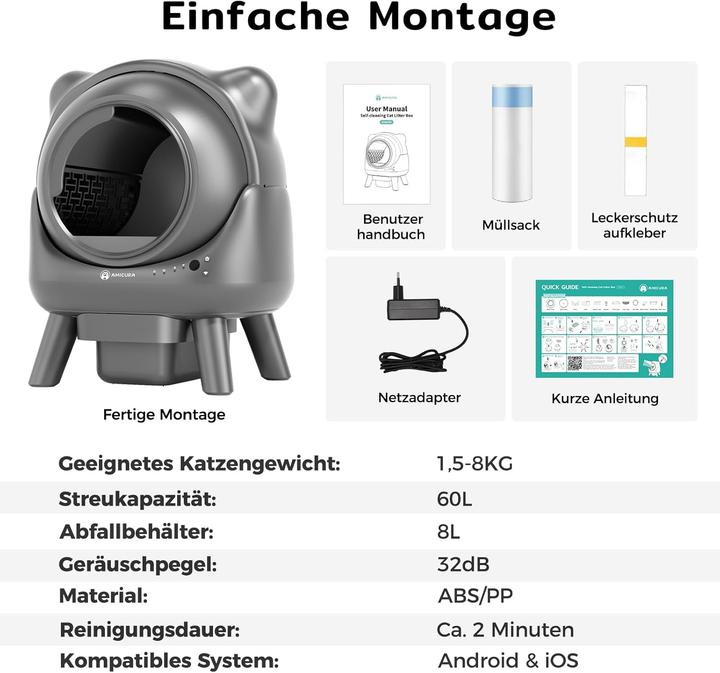 Produktbild AmiCura Cura X1 Katzentoilette Selbstreinigende Katzenklo Geruchsfreie,Anti-Pinch,60L,App-Steuerung (Selbstreinigendes Katzenklo)