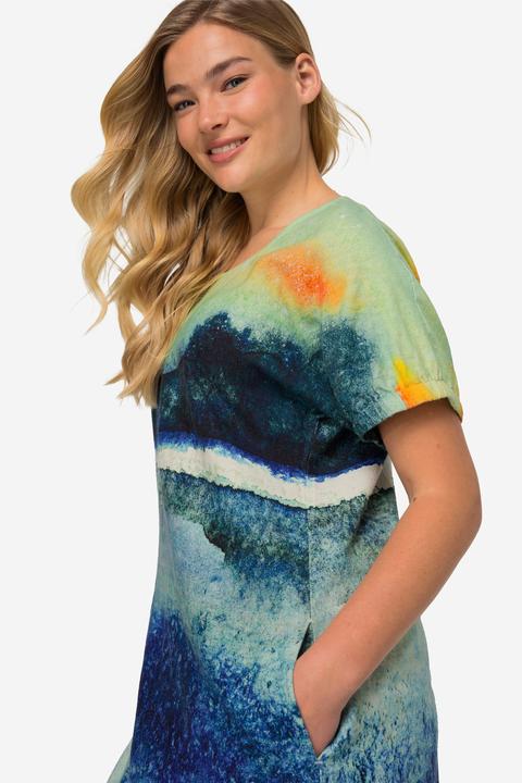 Actual product image Laurasøn A Line Landscape Print Linen Blend Dress Crew Neck Short Sleeve (XXL)
