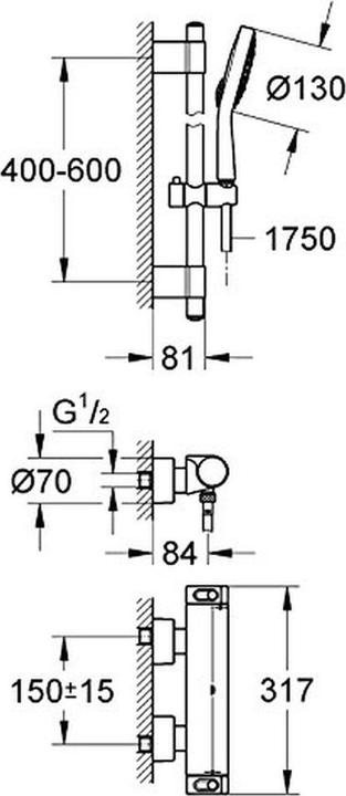 Productafbeelding Grohe Doucheset: Grohtherm 2000 opbouw - met thermostaat en Power & Soul doucheset 60 cm