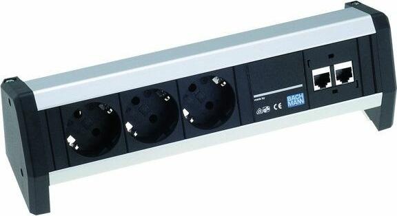 Produktbild Bachmann Tisch-Steckdosenleiste 3 Schutzkontaktsteckdosen schwarz. 2 CAT5e RJ45 Buchse/BuchseStromeingang: GS (3 x, CEE 7/4)