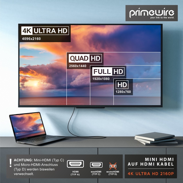 Produktbild Primewire Mini HDMI auf HDMI Kabel, Typ C auf Typ A, 4K miniHDMI Adapterkabel 3840 x 2160 @ 60 Hz, HDR, ARC (5 m, HDMI)