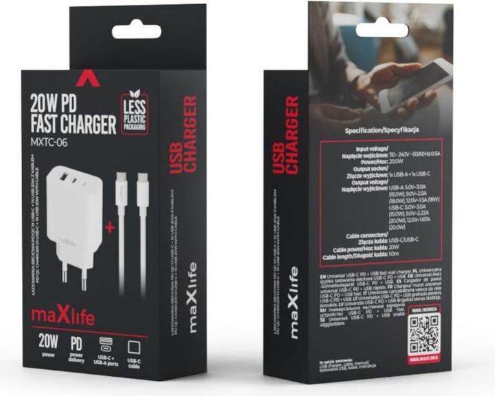 Produktbild Maxlife MXTC-06 PD QC Ladegerät 1x USB-C 1x USB 20W weiss + USB-C - USB-C Kabel 20W (20 W, 2 Ports)