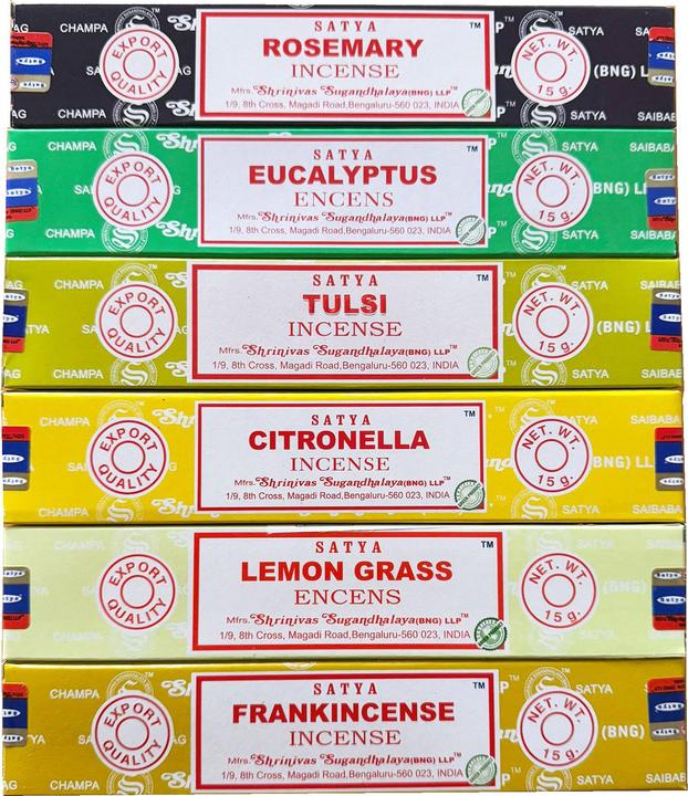 Nag Champa Set di bastoncini d'incenso Satya 6 x 15 g Rosmarino Eucalipto Tulsi Citronella Lemongrass