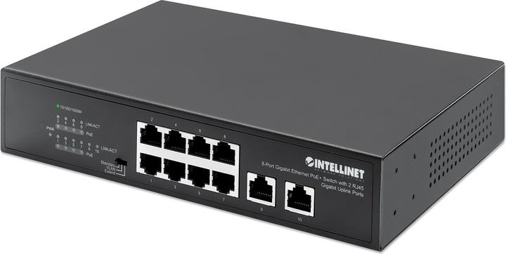 Actual product image Intellinet 8-Port Gigabit Ethernet PoE+ Switch with 2 RJ45 Gigabit Uplink Ports (8 ports)