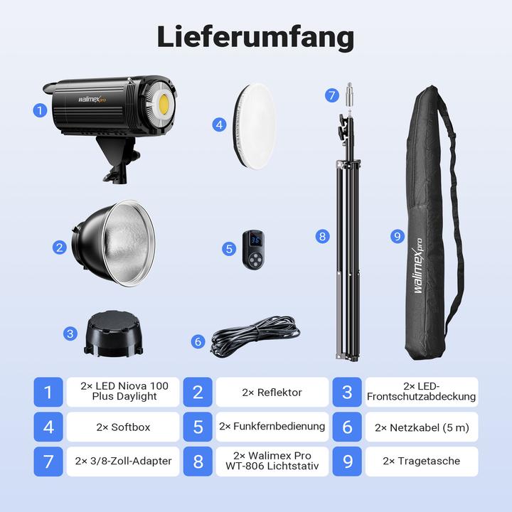 Produktbild Walimex pro LED Niova Plus DL 100 W + Stativ 2er Set Lichtstativ Flächenleuchte (Flächenleuchte)