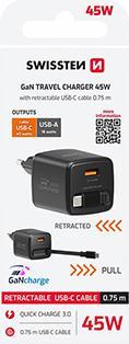 Produktbild Swissten Netzadapter SlideCHARGE GaN 45W, 1 Anschluss, MIT EINZIEHBAREM USB-C-KABEL (45 W, 1 Port)