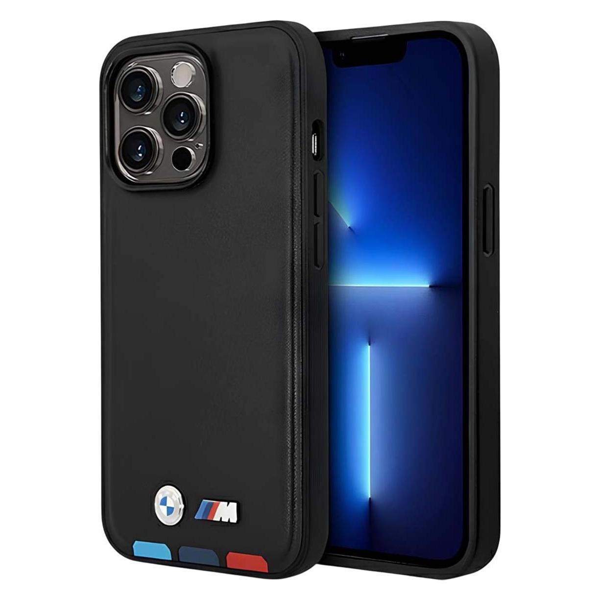 Bmw Etui BMHMP14L22PTDK IPhone 14 Pro 6, 1" Czarny/black Leather Stamp Tricolor Magsafe (Apple IPhone 14 Pro), Smartphone Hülle, Schwarz