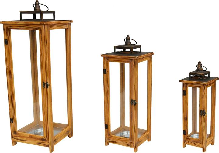 Produktbild Mojawo 3er XXL Design Holz-Laternen-Set Windlicht Gartenlaterne Edelstahldach