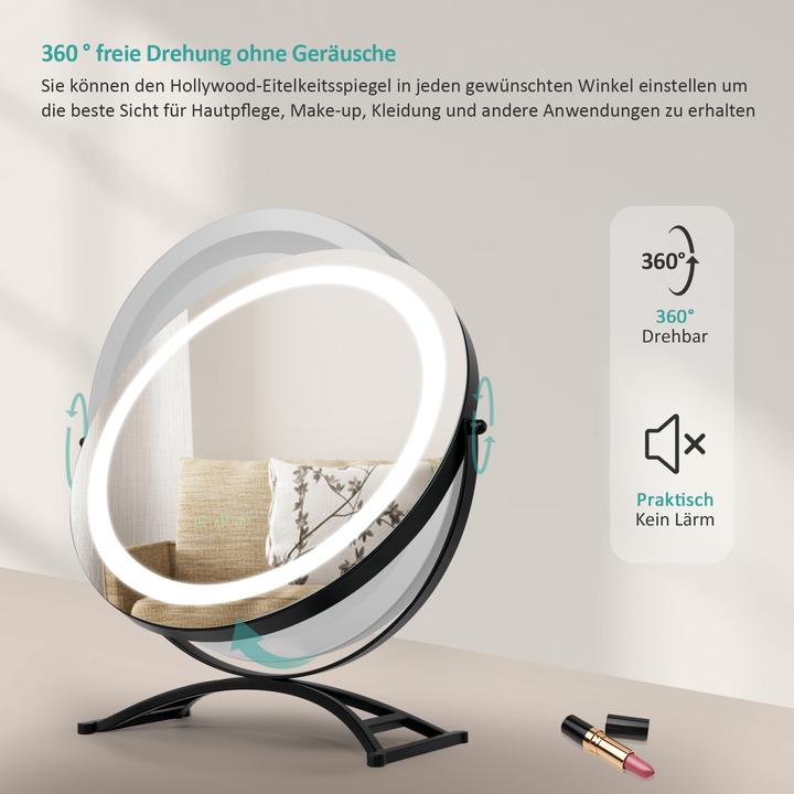 Produktbild Emke Kosmetikspiegel Runder mit Beleuchtung, 3 Farbtemperatur und Dimmbar, 360° Drehbar, 50cm, Schwarz