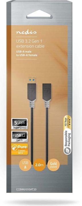 Produktbild Nedis USB-Kabel USB 3.2 Gen 1 USB-A Stecker USB-A Buchse 5 Gbps Vergoldet 2.00 m rund PVC Anthrazit (2 m, USB 3.2 Gen 1)