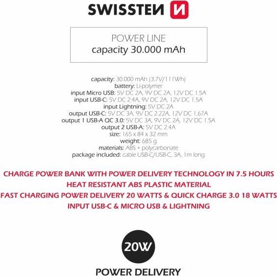 Produktbild Swissten Power Line (30000 mAh, 20 W, 20 Wh)