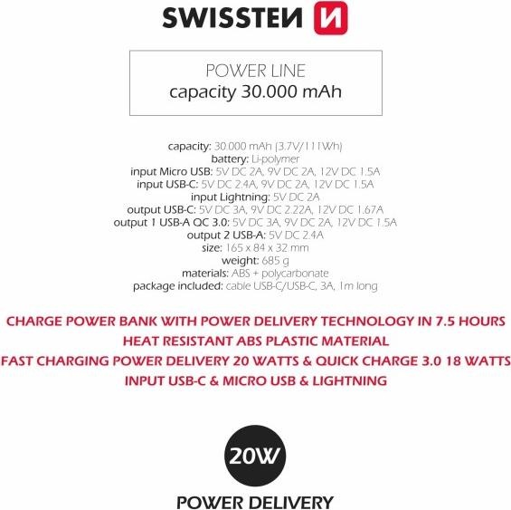 Actual product image Swissten Power Line (30000 mAh, 20 W, 20 Wh)