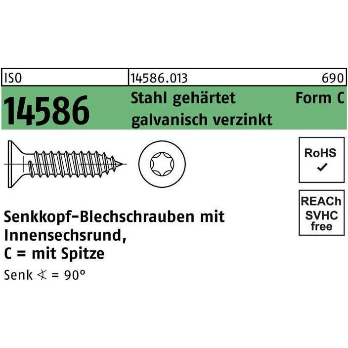 Schrauben, Senkblechschraube ISO 14586 m.Innensechsrund/Spitze 4,8x 80 -C Stahl gehärtet galvanisch verzinkt (250 Schrau...
