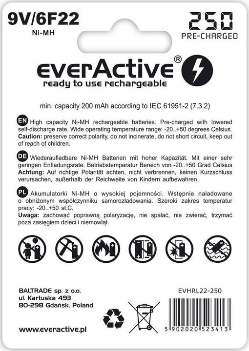 Nährwerte und Zutaten Everactive Rechargeable 6F22 9V 250 mAh (1 Stk., 9V Block, 250 mAh)