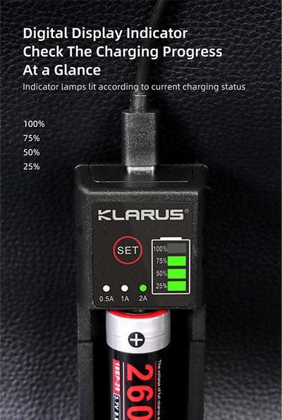 Actual product image Klarus K1-PRO battery charger with USB port (14500, 16340, 16650, 17500, 17650, 17670, 18350, 18490, 18500, 18650, 20700, 21700, 26650, 32650, AA, AAA, AAAA, C)