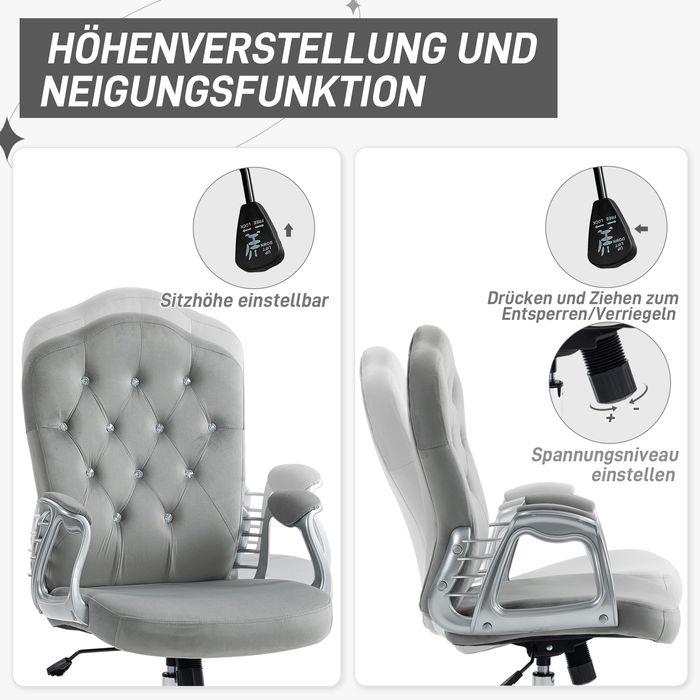 Image du produit Swisshandel24 Chaise de bureau à bascule, ergonomique, avec boutons en cristal, aspect velours, jusqu'à 120 kg (47 - 57 cm)