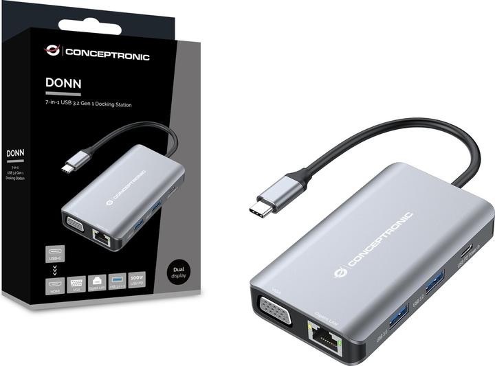 Produktbild Conceptronic Dock USB-C->HDMI,VGA,GbE,3xUSB3.0,100WPD 0.25m (USB-C)