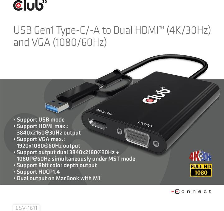 Produktbild Club 3D Club3D Adapter MiniDisplayport > DVI DualLink HDCP Off St/Bu (HDMI, USB Typ-C, VGA, 9.10 cm)