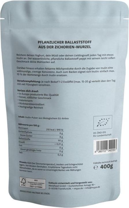 Valeurs nutritives et ingrédients My Yo Inulin Plv (1 pièce(s), Poudre, 400 g)