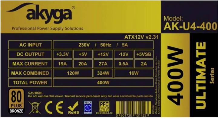 Immagine prodotto Akyga Alimentatore Ultimate ATX 400W AK-U4-400 80+Bronze Fan12cm P8 4xSATA PCI-E (400 W)