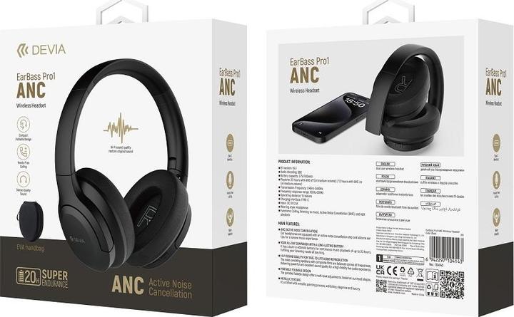 Actual product image Devia Bluetooth headphones EarBass Pro1 black with ANC (ANC, 20 h, Wireless)