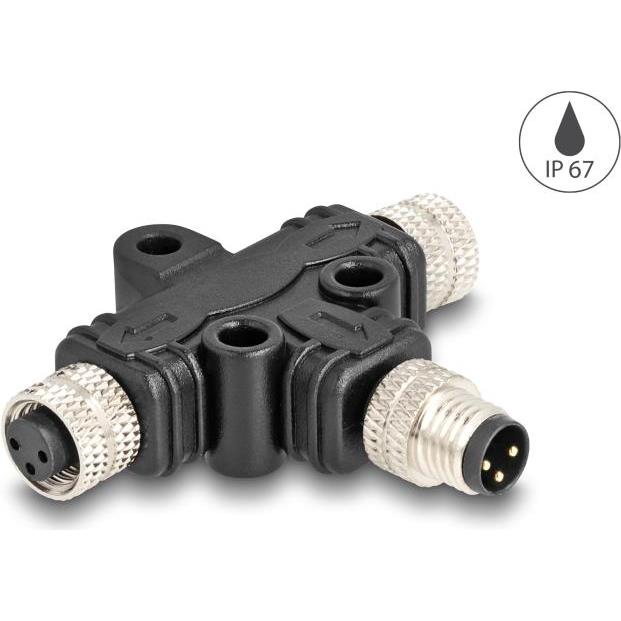 Delock M8 T-Splitter A-kodiert 3 Pin Stecker zu 2 x Buchse Parallelschaltung, Elektronikkabel + Stecker, Schwarz