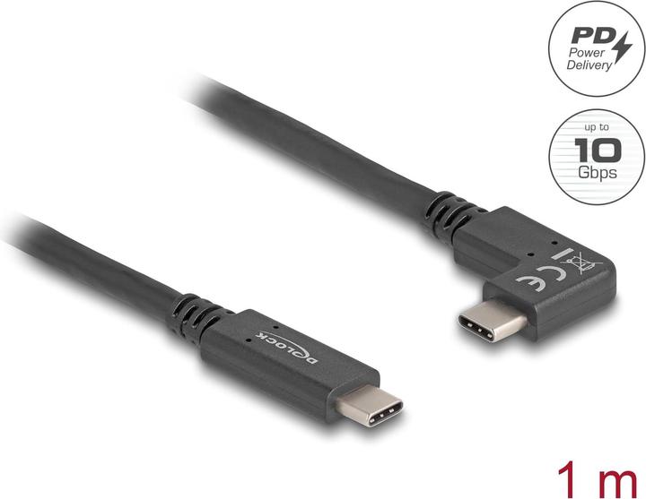 Image du produit Delock Câble USB 10 Gbps USB Type-C™ mâle vers Type-C™ mâle coudé gauche / droite 1 m 4K PD 60 W avec (1 m, USB 3.1, 60 W)