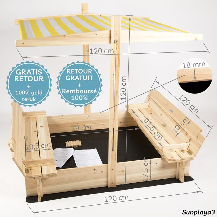 Needs&Wants Sandkasten "Sunplaya3" mit Dach und Sitzbänken, Tanne