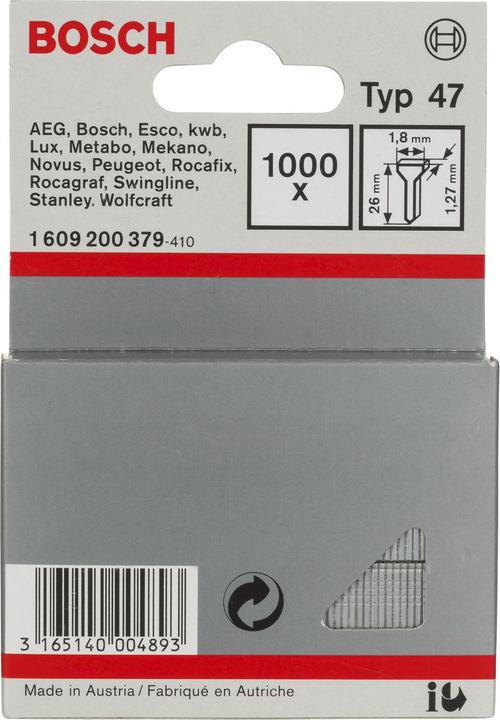 Produktbild Bosch Professional Zubehör Tackernagel Typ 47, 1,8 x 1,27 x 26 mm, 1000er-Pack