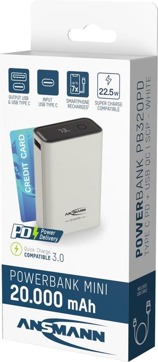 Image du produit Ansmann Banque d'alimentation 20000 mAh PB222PD blanc (20000 mAh, 22.50 W, 88 Wh)