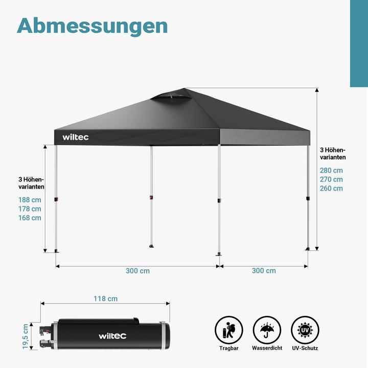 Produktbild Wiltec Pop up Pavillon 3x3m grau Räder Gartenpavillon Faltpavillon Camping Party (300 cm, 300 cm)