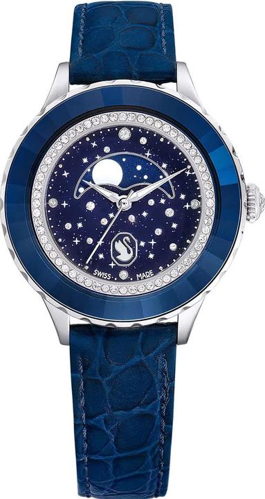 Actual product image Swarovski Octea Moon Watch Swiss Made Moon Leather strap Blue Blue finish Blue band ring (Analogue wristwatch, Swiss made, 37 mm)