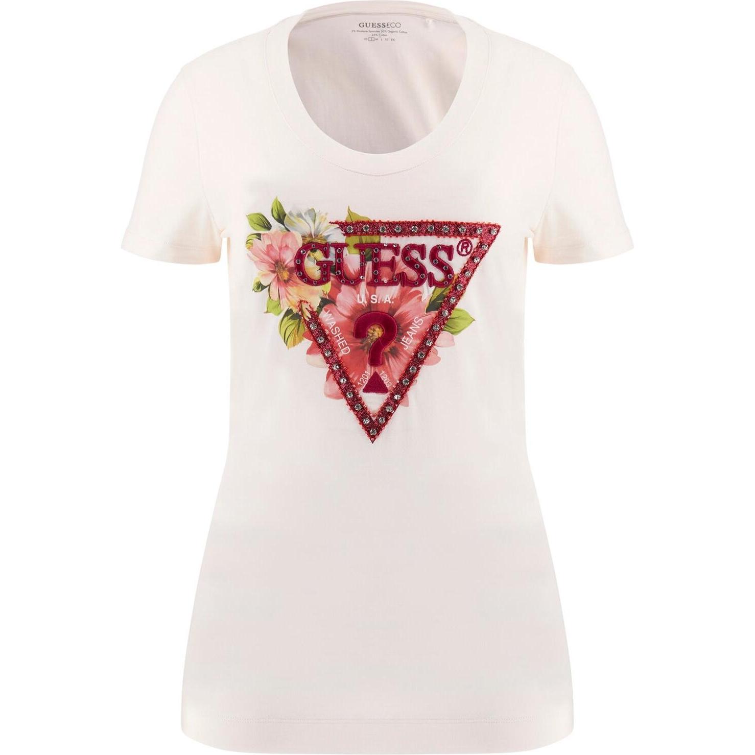 Guess, Damen, Shirt, Damen T-Shirt mit dreieckigen Perlen, Weiss, (L)