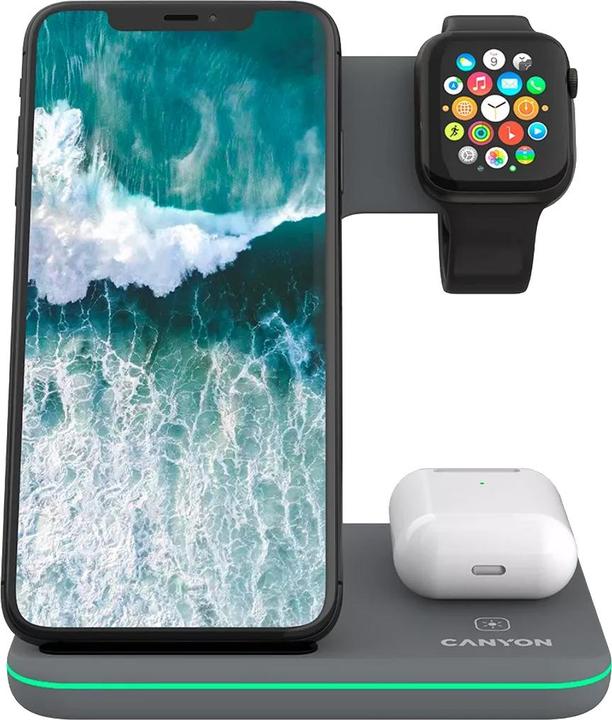 Produktbild Canyon WS-303, kabelloses 3-in-1-Ladegerät, mit Touch-Taste für fliessendes Wasserlicht, Eingang 9 V (15 W)