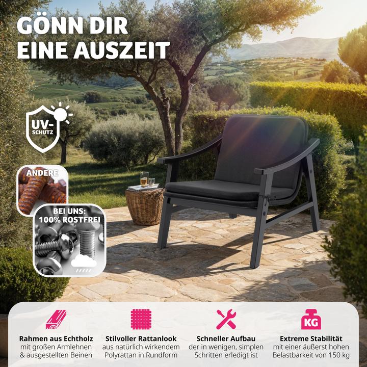 Produktbild tectake Rattan Stuhl Treviso, Holzgestell und Polsterauflage