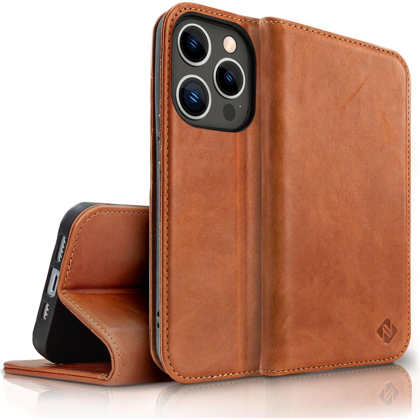 Nalia Echt-Leder Flipcase (Apple iPhone 14 Pro Max), Smartphone Hülle, Braun