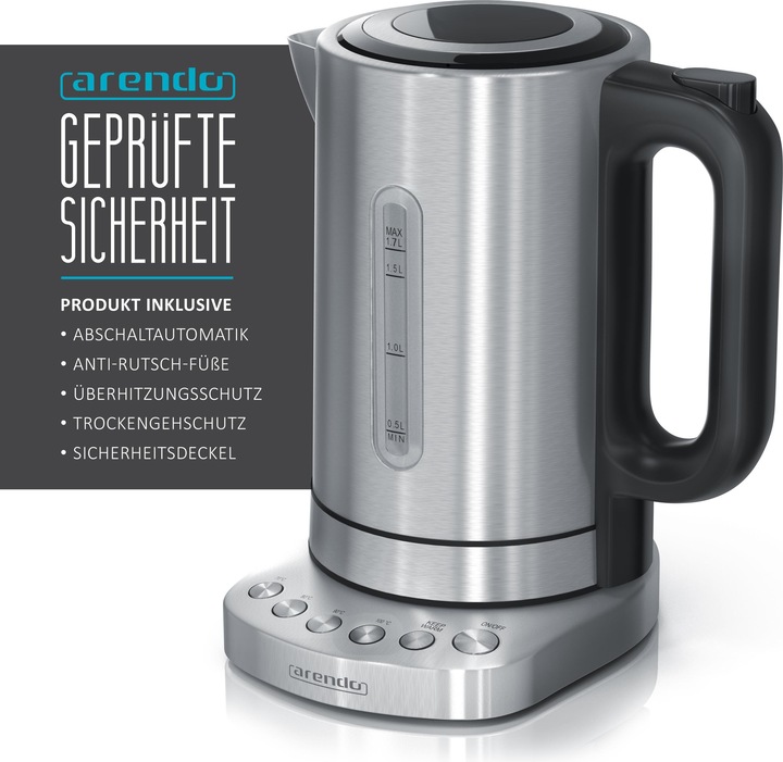 Actual product image Arendo Kettle 1.7 l, 3000 W, stainless steel, rapid boil, adjustable temperature, keep warm function (1.70 l)